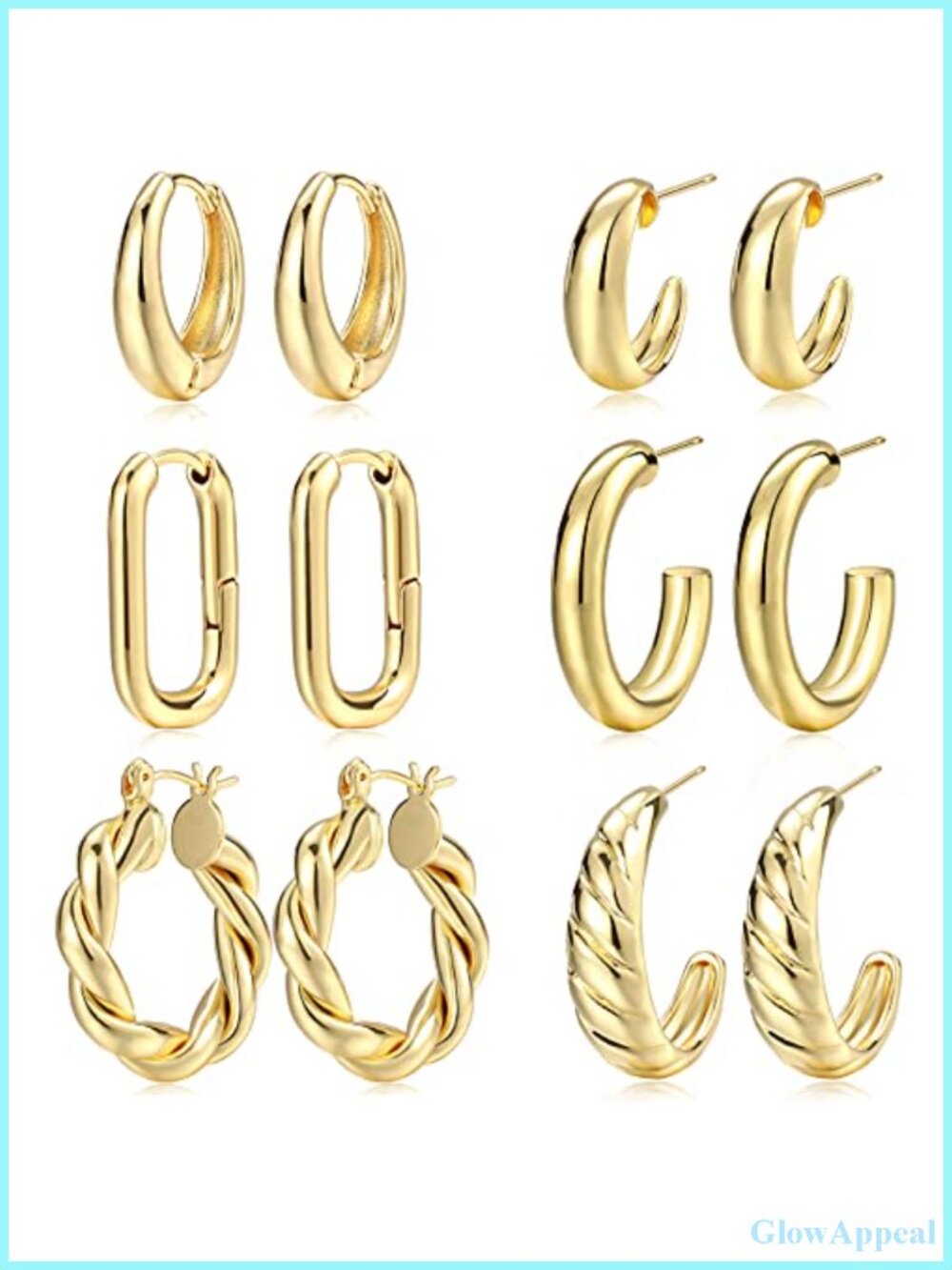 6 Pairs 14K Gold Plated Chunky Hoop Earrings for Women, Hypoallergenic Earring